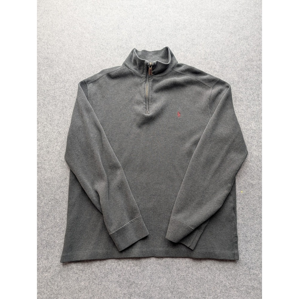 Polo Ralph Lauren Quarter Zip Sweater Mens Medium Charcoal Gray Red Pony...